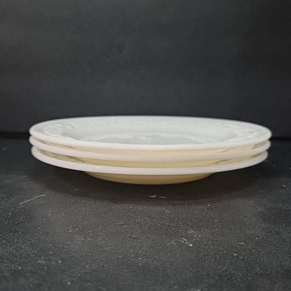 Hazel Atlas Milk Glass Salad‎ Plates, Set of 3, Vintage Floral Embossed Dishes
